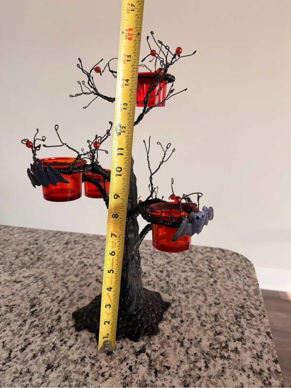 NEW Black Witches Hat Tree Votive Holder with Red Glass Cups & Bats - 17”x6”